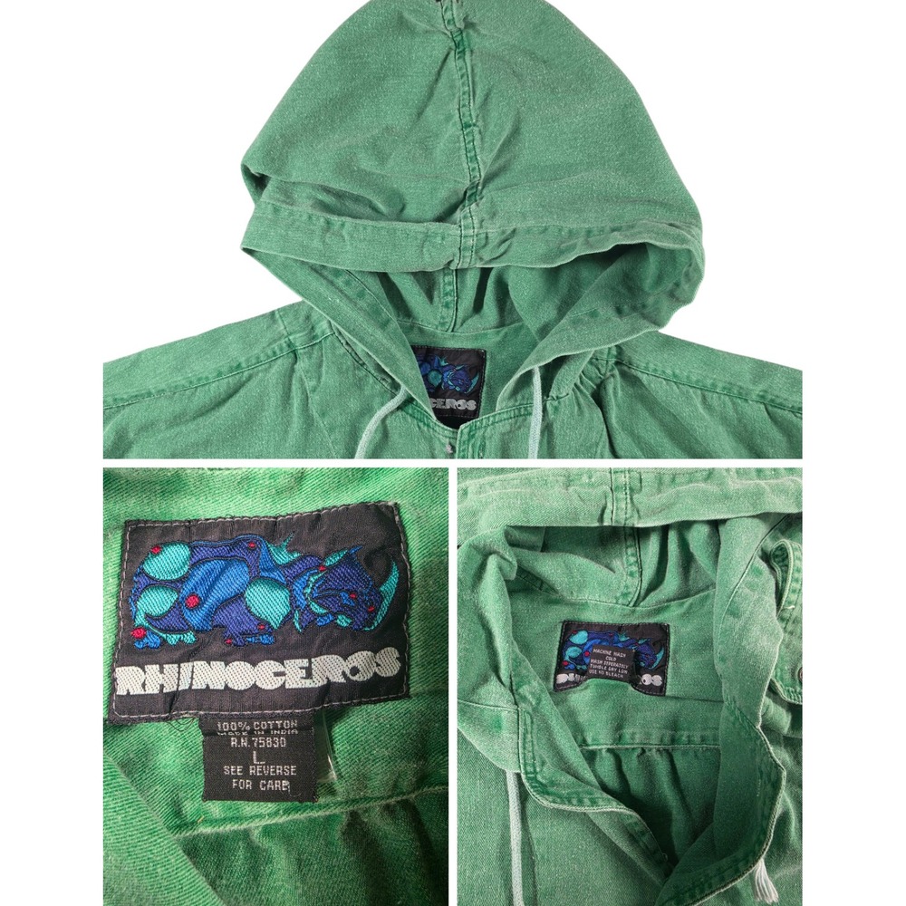 VTG‎ rugged cotton workwear gorpcore hooded button up Green Men's L Rhinoceros - Picture 2 of 8